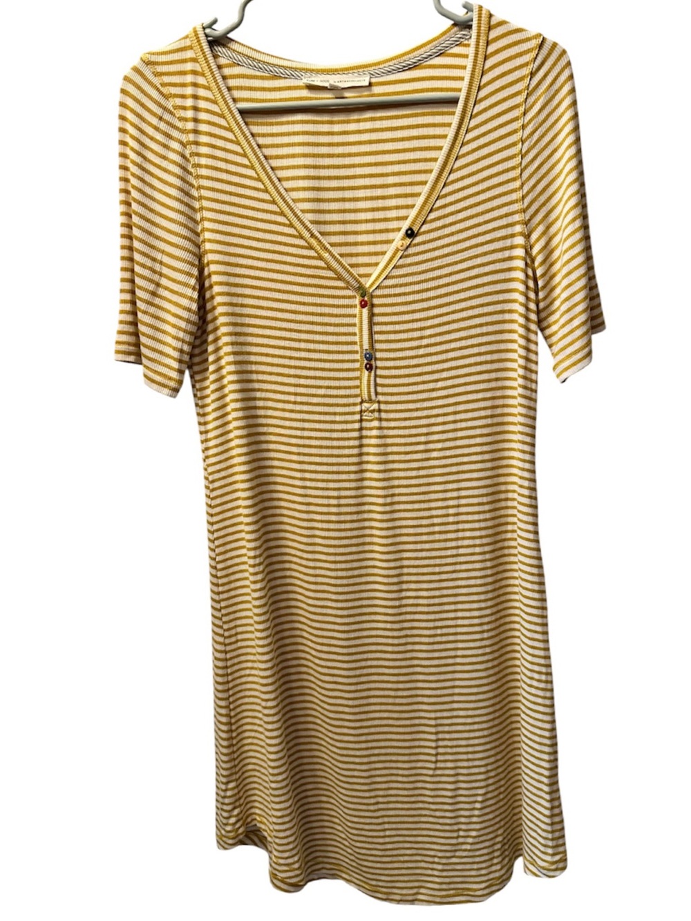 Anthropology Pure + Good Gold and White Stripe T-Shirt Dress with Buttons